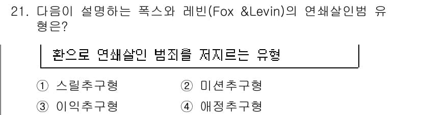 경비지도사_2차(범죄학) 2019년 21번 - 폭스와 레빈의 연쇄살인범 유형에서 '교란으로 연쇄살인을 저지르는 유형'은... 에 관한 핵심 기출문제