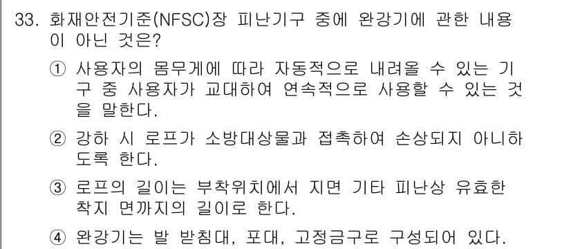 경비지도사_2차(소방학) 2018년 33번 - 정답이 4인 이유는 완강한 발을 방지하기 위해 피난기구는 특정 구조에 따... 에 관한 핵심 기출문제