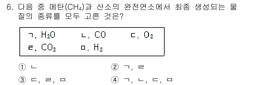 경비지도사_2차(소방학) 2019년 6번 - 메탄(CH₄)과 산소(O₂)의 연소 반응에서 생성되는 물질은 주로 물(H... 에 관한 핵심 기출문제