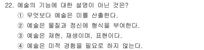시각디자인기사 2015년 22번 - 예술의 기능에 대한 설명 중 “예술은 미적 경험을 필요로 하지 않는다”는... 에 관한 핵심 기출문제