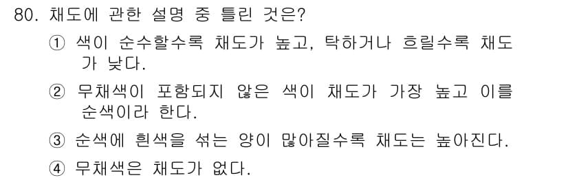 시각디자인기사 2015년 80번 - .  

무채색은 색상이 없는 상태로, 흑백을 포함한 색조 없이 순수한 ... 에 관한 핵심 기출문제