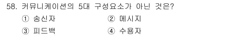 시각디자인기사 2016년 58번 - 정답은 3번 피드백입니다. 커뮤니케이션의 5대 구성요소는 송신자, 메시지... 에 관한 핵심 기출문제