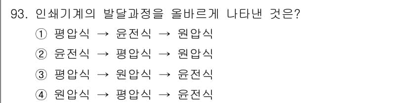 시각디자인기사 2016년 93번 - 정답 3번이 맞는 이유는 윤전식 인쇄가 평압식 인쇄에 비해 속도와 효율성... 에 관한 핵심 기출문제