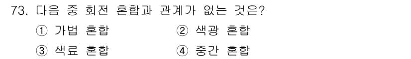 시각디자인기사 2017년 73번 - 정답은 3) 색도 혼합입니다. 색도 혼합은 주로 색상의 변화를 다루지만,... 에 관한 핵심 기출문제
