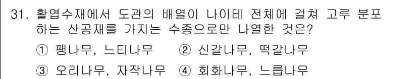 임산가공기사 2018년 31번 - 정답은 3번. 회화나무, 느티나무입니다. 이 두 나무는 수종 중에서도 고... 에 관한 핵심 기출문제