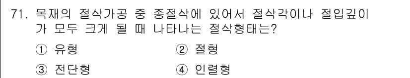 임산가공기사 2018년 71번 - . 전단형

전단형은 재료의 절삭 과정에서 칼날의 절입 깊이에 따라 절삭... 에 관한 핵심 기출문제