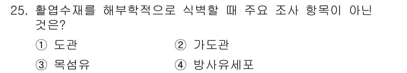 임산가공기사 2019년 25번 - . 기도관  

해산물의 해부학적 구조를 조사할 때, 도관, 목상유, 방... 에 관한 핵심 기출문제