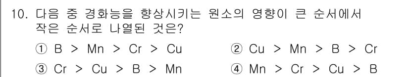 와전류비파괴검사기사(구) 2015년 10번 - B가 Mn, Cr, Cu에 비해 전자 구조가 더 적은 전자 수를 가지므로... 에 관한 핵심 기출문제