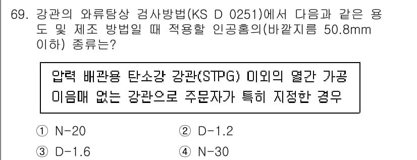 와전류비파괴검사기사(구) 2015년 69번 - . N-30

해설: KS D 0251에서는 압력 배관용 탄소강(STPG... 에 관한 핵심 기출문제