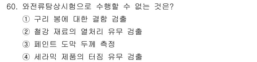 와전류비파괴검사기사(구) 2016년 60번 - 와전류탐상시험은 금속의 결함을 탐지하는 비파괴 검사 방법으로, 주로 전도... 에 관한 핵심 기출문제