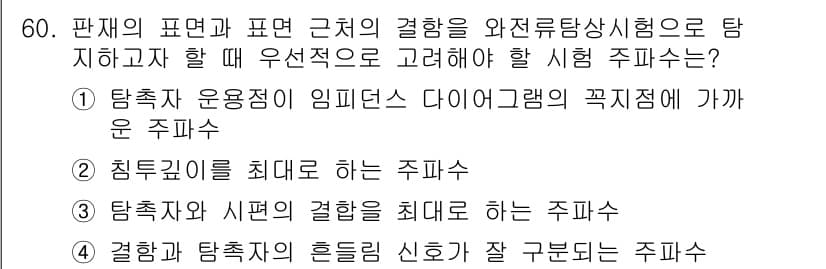 와전류비파괴검사기사(구) 2017년 60번 - 탐재의 표면과 표면 근처의 결함을 와전류 탐상으로 탐지할 때, 우선적으로... 에 관한 핵심 기출문제