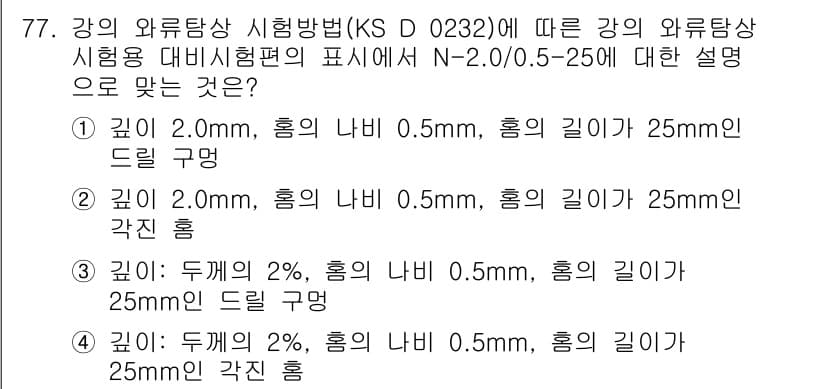 와전류비파괴검사기사(구) 2017년 77번 - 강의 외부탐상 시험방법에 따르면, N-2.0/0.5-25길이의 제품에서 ... 에 관한 핵심 기출문제