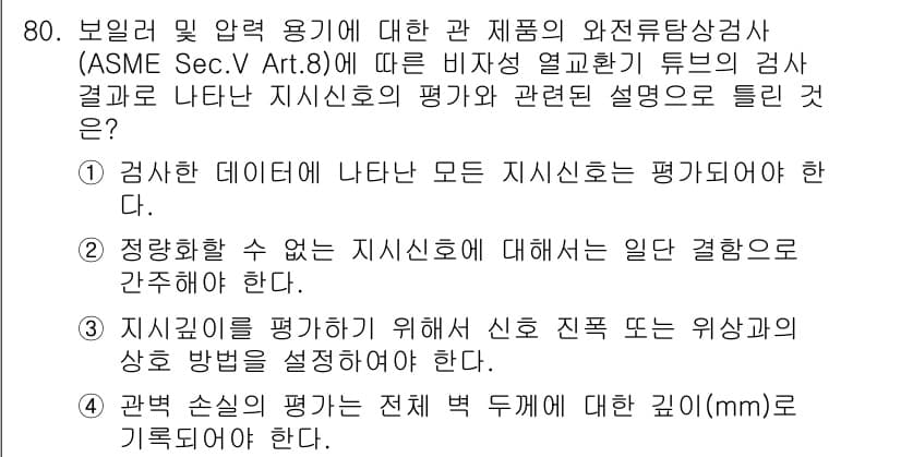 와전류비파괴검사기사(구) 2018년 80번 - 정답 4번은 검사에 대한 정확한 요구 사항을 규정하고 있습니다. 비파괴 ... 에 관한 핵심 기출문제