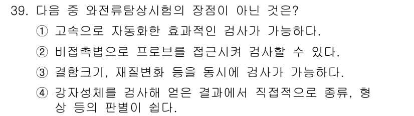 와전류비파괴검사기사 2018년 39번 - 강자성체를 검사할 때는 주로 비파괴 검사를 통해 이루어지며, 결과는 주로... 에 관한 핵심 기출문제