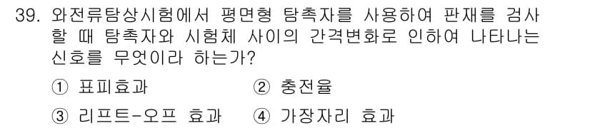 와전류비파괴검사기사(구) 2019년 39번 - 정답은 3번 '리프트-오프 효과'입니다. 이 효과는 탐지기가 판재의 간격... 에 관한 핵심 기출문제