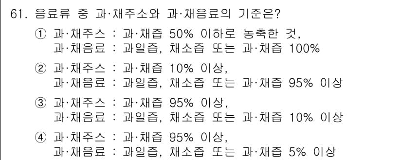 유기농업산업기사 2016년 61번 - 음료류의 과일주스와 채소주의 기준은 화학적 성분과 영양소 함량에 따라 다... 에 관한 핵심 기출문제