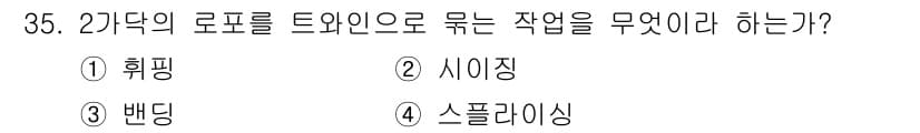 양화장치운전기능사 2016년 35번 - 정답은 2번 시이징이다. 로포르트 트와인에서 사용되는 시이징 작업은 잎의... 에 관한 핵심 기출문제