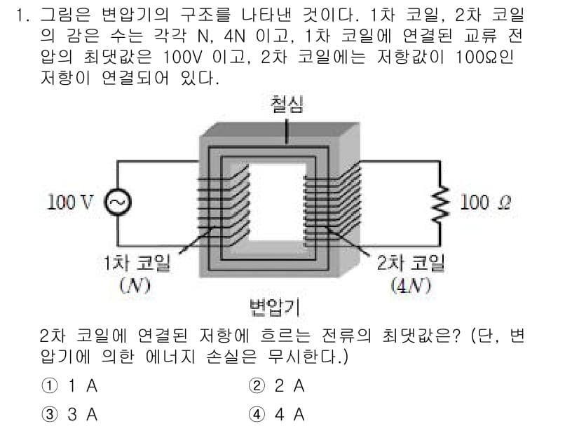 소방공무원(공개)_과학(구) 2018년 1번 - 주어진 문제에서 2차 코일의 정답 추론은 전류의 흐름과 관련이 있습니다.... 에 관한 핵심 기출문제
