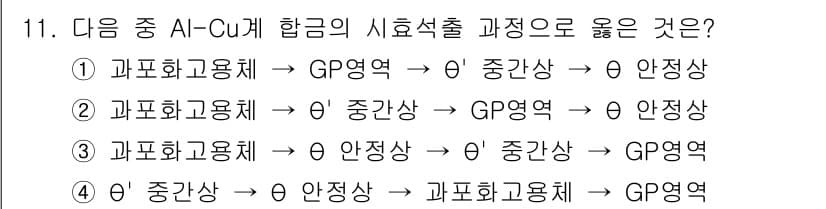 누설비파괴검사기사 2019년 11번 - 해설: Al-Cu계 합금의 시효석출 과정에서 GP영역은 초기 단계로, 이... 에 관한 핵심 기출문제