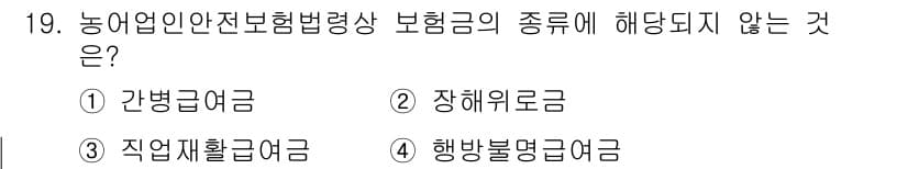 농작업안전보건기사 2019년 19번 - . 장해위로금

해설: 장해위로금은 재해로 인한 신체적 또는 정신적 손해... 에 관한 핵심 기출문제