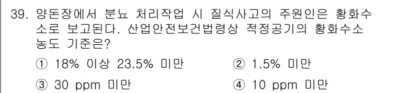 농작업안전보건기사 2019년 39번 - 황화수소의 허용 농도 기준은 10 ppm으로, 이는 산업안전보건법에 따른... 에 관한 핵심 기출문제