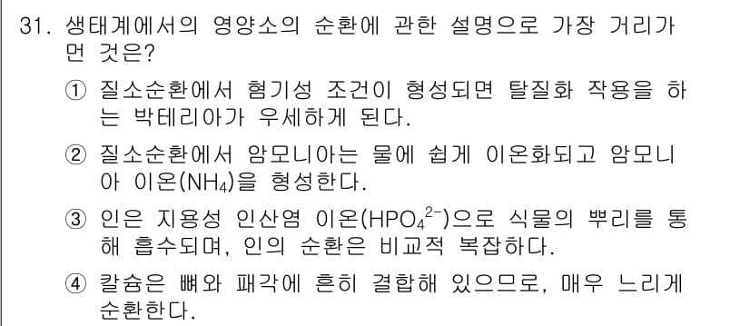 생물분류기사(동물) 2016년 31번 - 정답 3번은 생태계에서 영양소의 순환과 관련된 설명으로, 질소 순환에서 ... 에 관한 핵심 기출문제
