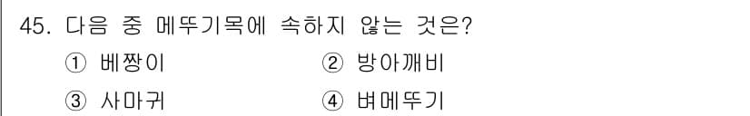 생물분류기사(동물) 2016년 45번 - 정답은 3. 사마귀입니다. 배짱이, 방아깨비, 벌매뚜기 모두 메뚜기목에 ... 에 관한 핵심 기출문제