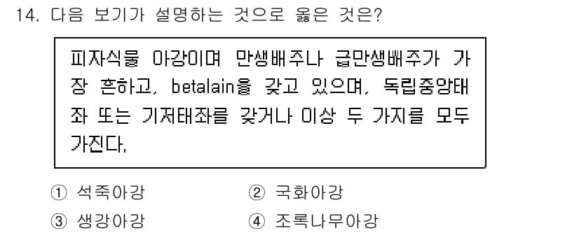 생물분류기사(식물) 2019년 14번 - 정답과 핵심 포인트를 검수 중인 기출문제