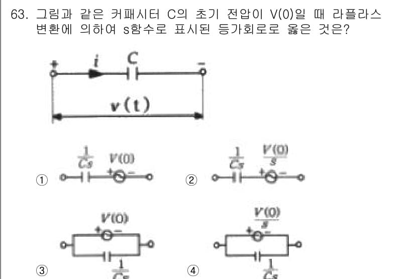 철도신호산업기사 2016년 63번 - 주어진 회로에서 커패시터 C의 초기 전압이 V(0)일 때, 라플라스 변환... 에 관한 핵심 기출문제
