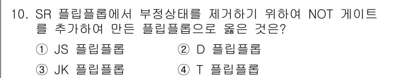 철도신호산업기사 2019년 10번 - SR 플립플롭에서 부정상태를 제거하기 위해 NOT 게이트를 추가하면 JK... 에 관한 핵심 기출문제