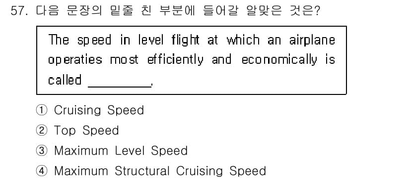 항공무선통신사 2016년 57번 - . Cruising Speed  

해설: Cruising Speed는 ... 에 관한 핵심 기출문제