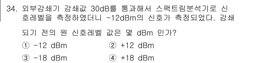 항공무선통신사 2018년 34번 - 신호의 강도가 -12 dBm이고, 감쇠량이 30 dB인 경우, 감쇠 전 ... 에 관한 핵심 기출문제