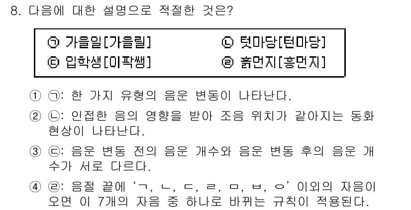 9급_지방직_공무원_국어 2019년 8번 - 음운 변화는 단어의 구성 요소가 음성적으로 어떻게 변화하는지를 설명하며,... 에 관한 핵심 기출문제