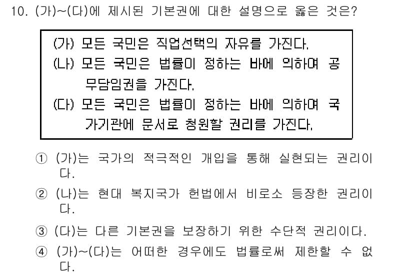 9급_지방직_공무원_사회복지학개론 2019년 10번 - 정답인 이유는 (가)는 모든 국민이 법에 의거하여 특정 권리를 가지고 있... 에 관한 핵심 기출문제