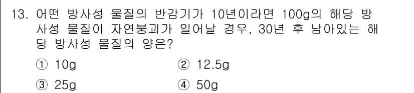 9급_지방직_공무원_안전관리론 2015년 13번 - 주어진 문제에서 방사성 물질의 반감기는 10년입니다. 초기 양이 100g... 에 관한 핵심 기출문제