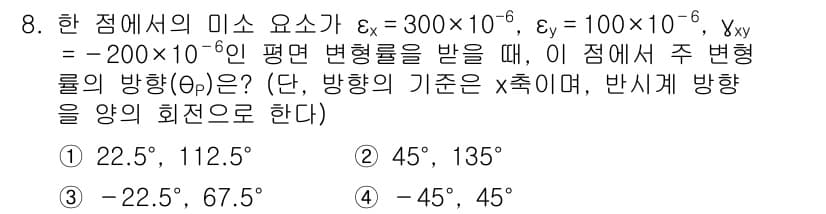 9급_지방직_공무원_응용역학개론 2016년 8번 - 주어진 미소 변형률의 성분을 통해 주 변형률(y 방향)과 관련된 회전 각... 에 관한 핵심 기출문제