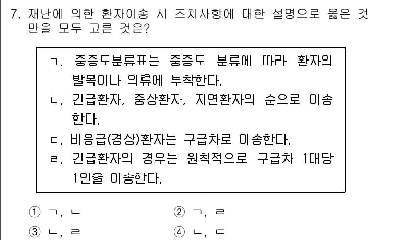 9급_지방직_공무원_재난관리론 2016년 7번 - 정답 3번은 '비공식(상행)' 환자 분류는 구급차로 이송한다는 설명이 맞... 에 관한 핵심 기출문제