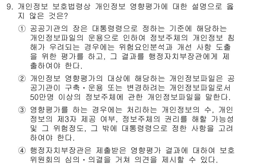9급_지방직_공무원_정보보호론 2016년 9번 - 개인정보 보호법에 따르면, 개인정보 처리에 대한 위험 요소는 주기적으로 ... 에 관한 핵심 기출문제