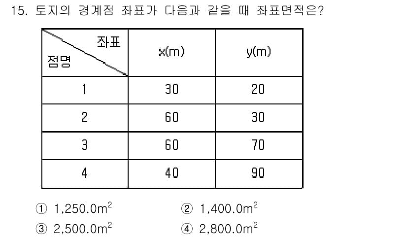 9급_지방직_공무원_지적측량 2016년 15번 - 주어진 경계점 좌표를 사용해 면적을 계산합니다. 사용할 수 있는 방법으로... 에 관한 핵심 기출문제
