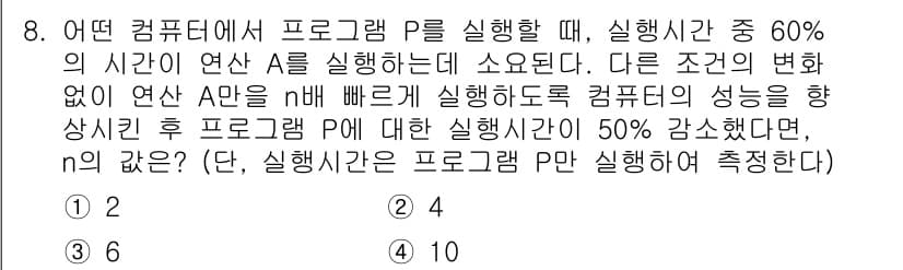 9급_지방직_공무원_컴퓨터일반 2017년 8번 - 문제에서 프로그램 P의 실행 시간이 60%이고, A의 실행 시간은 nB로... 에 관한 핵심 기출문제