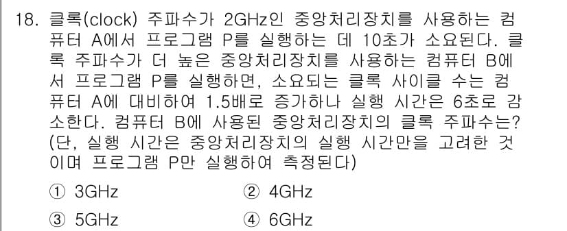 9급_지방직_공무원_컴퓨터일반 2018년 18번 - 주어진 문제에서 클럭 주파수 P는 2GHz로, 프로그램 A는 10초, 프... 에 관한 핵심 기출문제