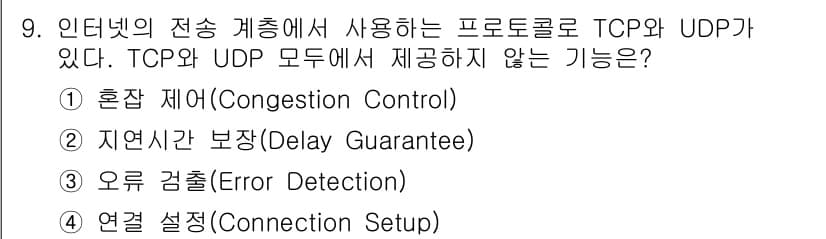 9급_지방직_공무원_컴퓨터일반 2019년 9번 - TCP는 혼잡 제어, 지연 보장, 오류 검출, 연결 설정 등을 지원하지만... 에 관한 핵심 기출문제