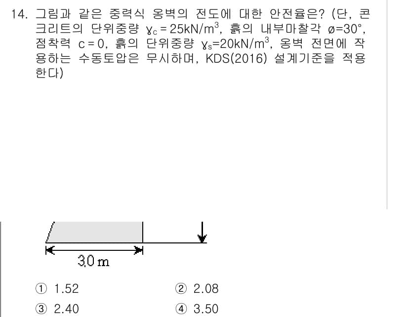 9급_지방직_공무원_토목설계 2019년 14번 - 주어진 문제는 유효 지압을 계산하는 문제로, 주어진 단위 중량과 각도를 ... 에 관한 핵심 기출문제