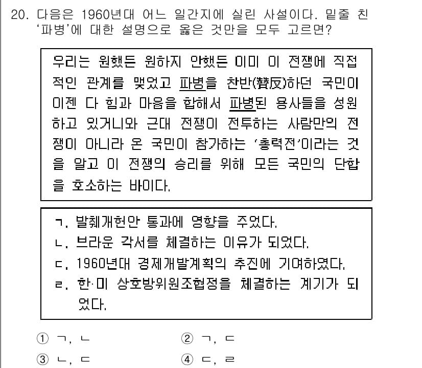 9급_지방직_공무원_한국사 2019년 20번 - 정답 3번은 1960년대의 '파봉'이 한국의 정치적 변화를 상징함을 나타... 에 관한 핵심 기출문제