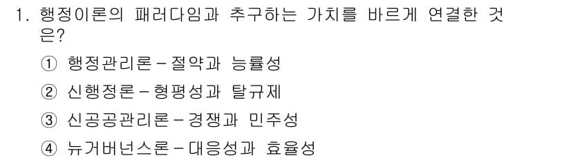 9급_지방직_공무원_행정학개론 2018년 1번 - . 행정이론의 패러다임은 행정관리론이 중심이 되어, 정약과 능률성의 개선... 에 관한 핵심 기출문제