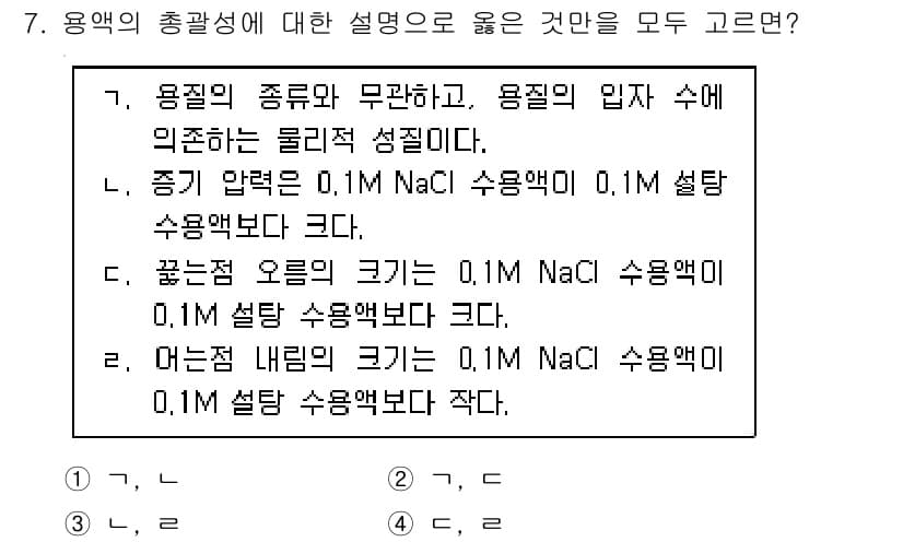 9급_지방직_공무원_화학공학일반 2019년 7번 - 용액의 총괄성은 용질의 농도와 관련이 있으며, 동일한 농도의 용액에서는 ... 에 관한 핵심 기출문제