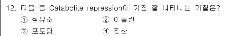 바이오화학제품제조기사 2017년 12번 - . 포도당

Catabolite repression 현상은 주로 세포에서... 에 관한 핵심 기출문제