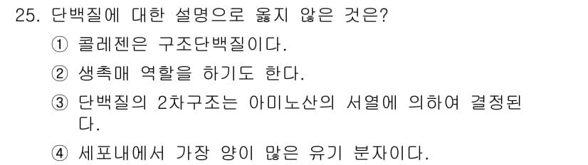 바이오화학제품제조기사 2017년 25번 - 정답 3번은 단백질의 2차 구조가 아미노산 서열에 의해 결정된다는 설명이... 에 관한 핵심 기출문제