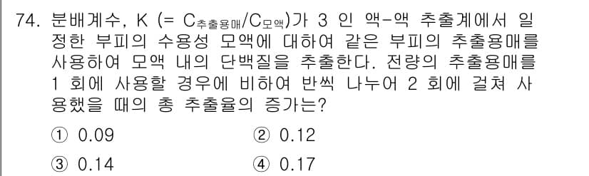 바이오화학제품제조기사 2017년 74번 - 주어진 문제에서 K 값이 증가할수록 부피의 수용성 모액에 대한 추출 효율... 에 관한 핵심 기출문제