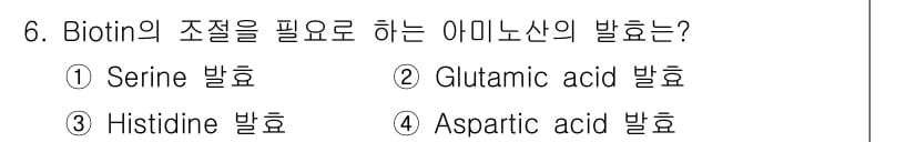 바이오화학제품제조기사 2019년 6번 - 비오틴의 조절에 필요한 아미노산은 세린 발효입니다. 세린은 비오틴의 합성... 에 관한 핵심 기출문제